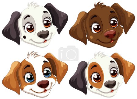 Illustration for Four cute vector illustrated cartoon dog faces. - Royalty Free Image