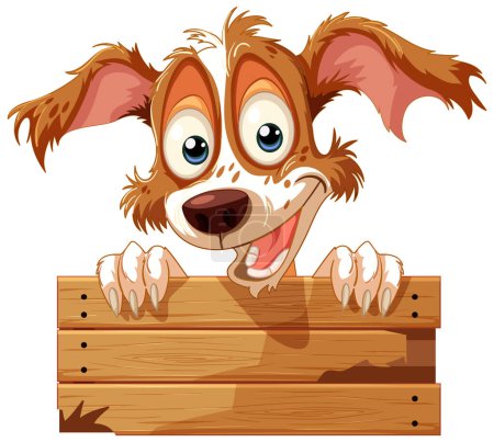 Illustration for Happy cartoon dog looking over a brown fence. - Royalty Free Image