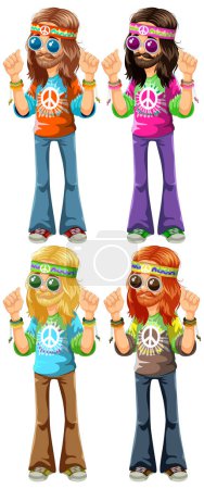 Ilustración de Coloridos personajes hippies retro en varias poses. - Imagen libre de derechos