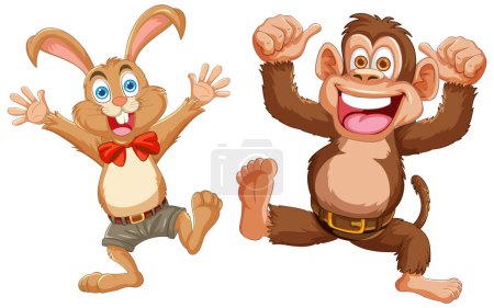 Téléchargez les illustrations : Lapin et singe animés célébrant avec excitation. - en licence libre de droit