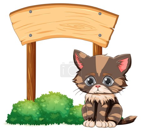 Téléchargez les illustrations : Adorable chaton dessin animé assis par un panneau indicateur - en licence libre de droit
