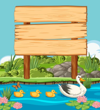 Téléchargez les illustrations : Illustration vectorielle de canards près d'un panneau vierge - en licence libre de droit