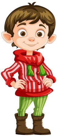 Smiling elf character dressed in holiday-themed clothes.