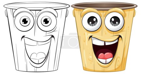Photo for Two smiling animated trash bins, one colored, one outlined. - Royalty Free Image