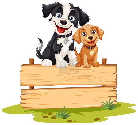 Téléchargez les illustrations : Deux chiens de dessin animé assis sur un panneau vierge. - en licence libre de droit