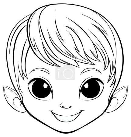 Illustration for Black and white line art of a smiling elf child. - Royalty Free Image