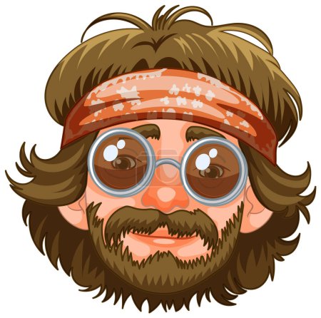 Illustration for Cartoon of a bearded man with headband and glasses. - Royalty Free Image