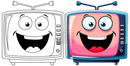 Téléchargez les illustrations : Deux téléviseurs animés souriants aux couleurs vives - en licence libre de droit
