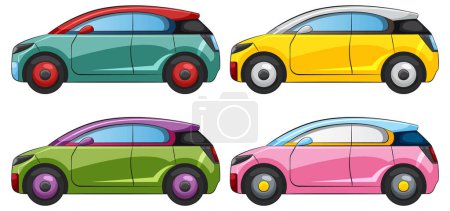 Ilustración de Cuatro coches vectoriales vibrantes en varios colores - Imagen libre de derechos