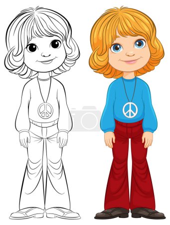 Ilustración de Chica de dibujos animados con símbolo de la paz, de color y delineado. - Imagen libre de derechos