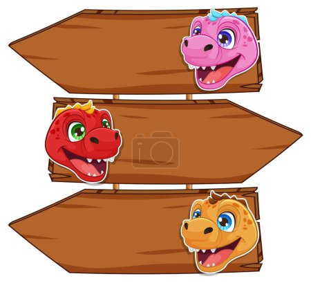 Three cartoon dragons on wooden arrow signboards.