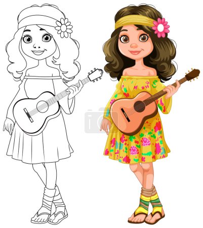 Illustration for Cartoon girl holding a guitar, colored and line art. - Royalty Free Image