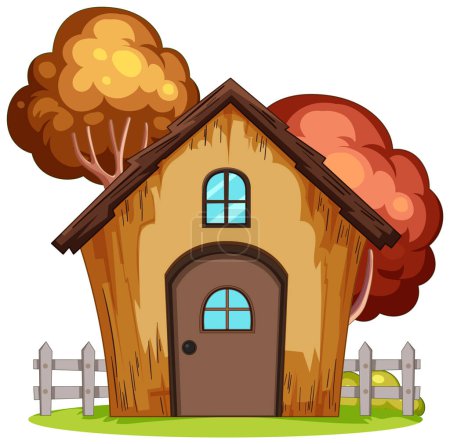 Illustration for Cartoon illustration of a small wooden house with trees. - Royalty Free Image