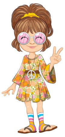 Cartoon girl dressed in colorful 1960s hippie fashion.