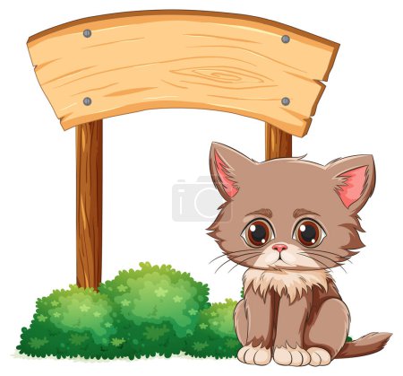 Ilustración de Adorable gatito marrón sentado junto a una señal - Imagen libre de derechos