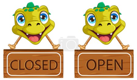 Illustration for Cheerful cartoon frog with contrasting shop signs - Royalty Free Image