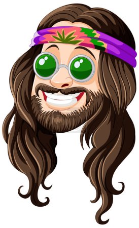 Cartoon hippie with colorful headband and round glasses.