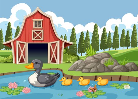 Téléchargez les illustrations : Canard mère avec des canetons près de l'étang près de la grange - en licence libre de droit