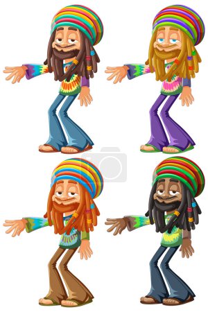Four poses of a cheerful Rastafarian vector character.