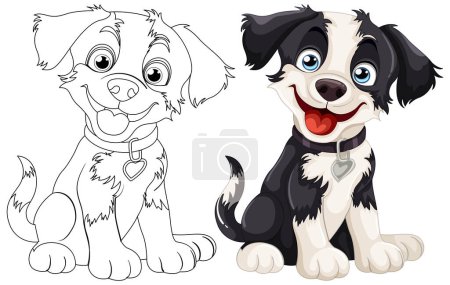 Ilustración vectorial de dos cachorros de dibujos animados, uno de color, uno delineado.