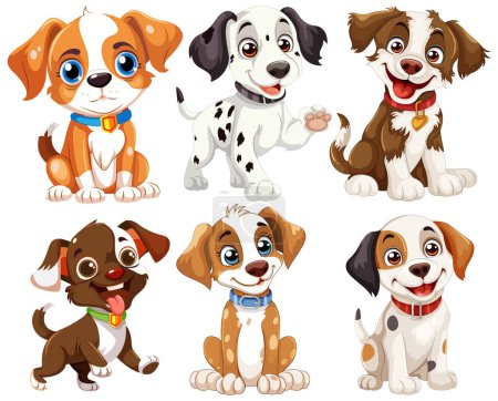 Illustration for Six cute animated puppies with playful expressions. - Royalty Free Image