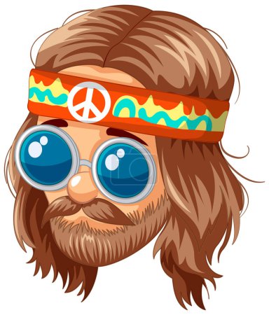 Illustration for Cartoon hippie head with peace sign bandana. - Royalty Free Image
