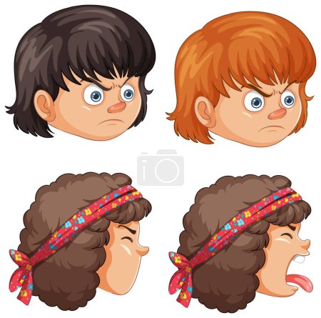 Niños de dibujos animados mostrando varias expresiones faciales.