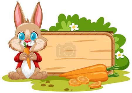 Téléchargez les illustrations : Adorable lapin assis près d'une enseigne en bois. - en licence libre de droit