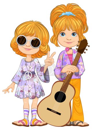 Ilustración de Dos chicas de dibujos animados en trajes retro con una guitarra. - Imagen libre de derechos