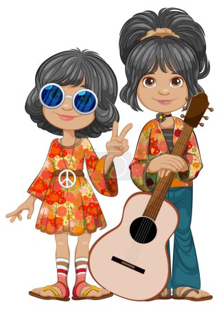 Cartoon children in retro outfits with a guitar.