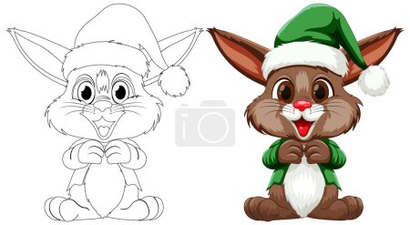 Cartoon rabbit dressed in Christmas elf attire.