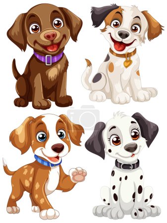 Vier niedliche Vektorhunde mit fröhlichem Gesichtsausdruck.