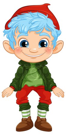 Smiling elf character with blue hair and red hat.