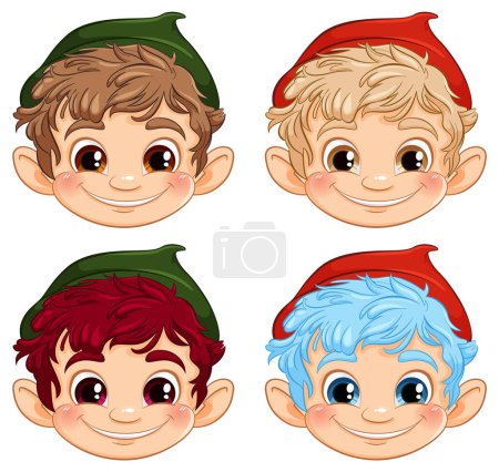 Vier Cartoon-Elfen mit unterschiedlichen Haarfarben lächeln.