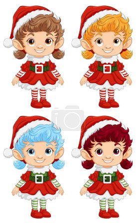Vier fröhliche Elfen in Weihnachtskostümen.