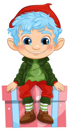 Téléchargez les illustrations : Illustration colorée d'un elfe heureux sur un cadeau. - en licence libre de droit