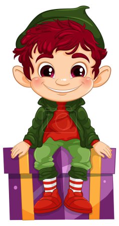 Cartoon elf with a big smile sitting on a present.