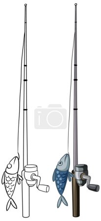 Cartoon fish holding fishing poles, whimsical concept.