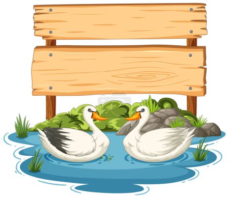 Illustration for Two cartoon ducks near a blank wooden sign. - Royalty Free Image