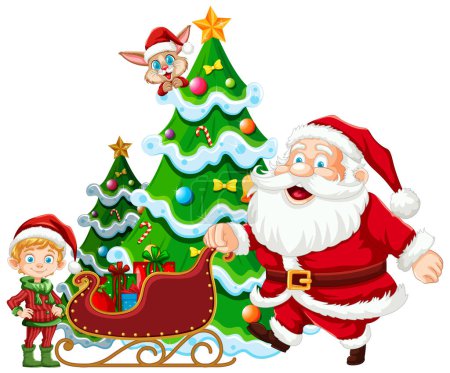 Ilustración de Santa Claus, elfo y gato junto a un árbol de Navidad decorado. - Imagen libre de derechos