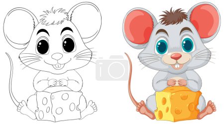Téléchargez les photos : Deux jolies illustrations de souris tenant des blocs de fromage - en image libre de droit