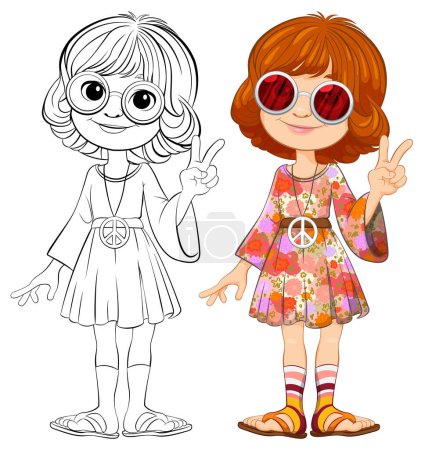 Illustration for Cartoon girl with peace sign, colored and outlined versions. - Royalty Free Image