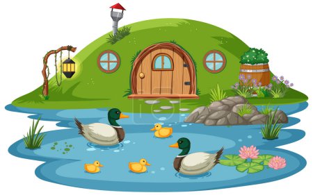 Vector illustration of ducks near a whimsical pond house