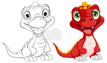 Téléchargez les illustrations : Illustration d'un dragon en deux étapes, croquis et coloré. - en licence libre de droit