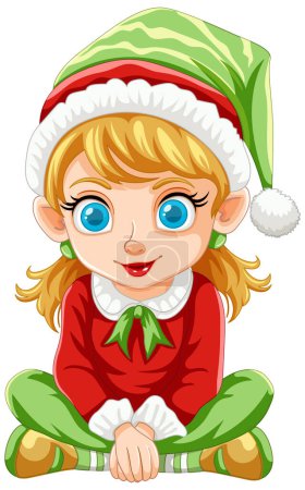 Linda chica elfa sentada con alegría de Navidad.