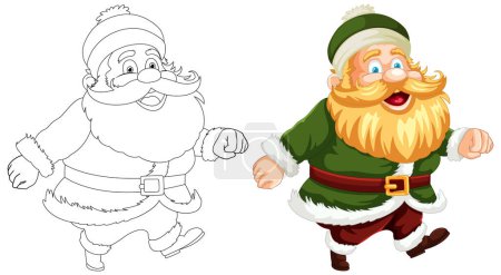 Téléchargez les photos : Illustrations du Père Noël noir et blanc et coloré côte à côte. - en image libre de droit