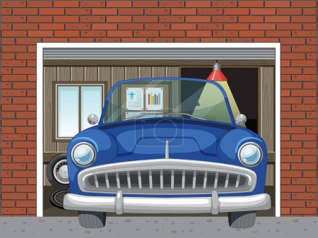 Ilustración de Coche azul clásico dentro de un garaje residencial - Imagen libre de derechos