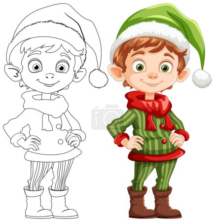Illustration for Colorful and outlined versions of a festive elf. - Royalty Free Image