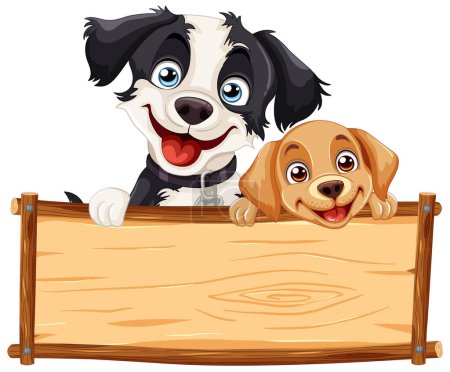 Téléchargez les illustrations : Deux chiens de dessin animé tenant un panneau en bois vierge. - en licence libre de droit