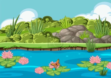 Ilustración de Ilustración vectorial de una tranquila escena de estanque con flora y fauna. - Imagen libre de derechos
